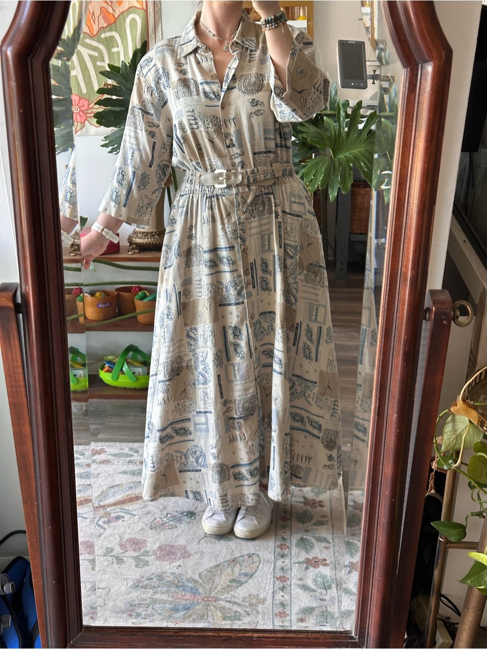 Rare Vintage Linen 70s/80s Printed Button-Front Midi Dress with Tie Waist - Picture 15 of 15